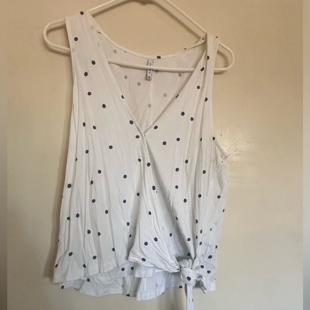 White with blue polkadots side tie top